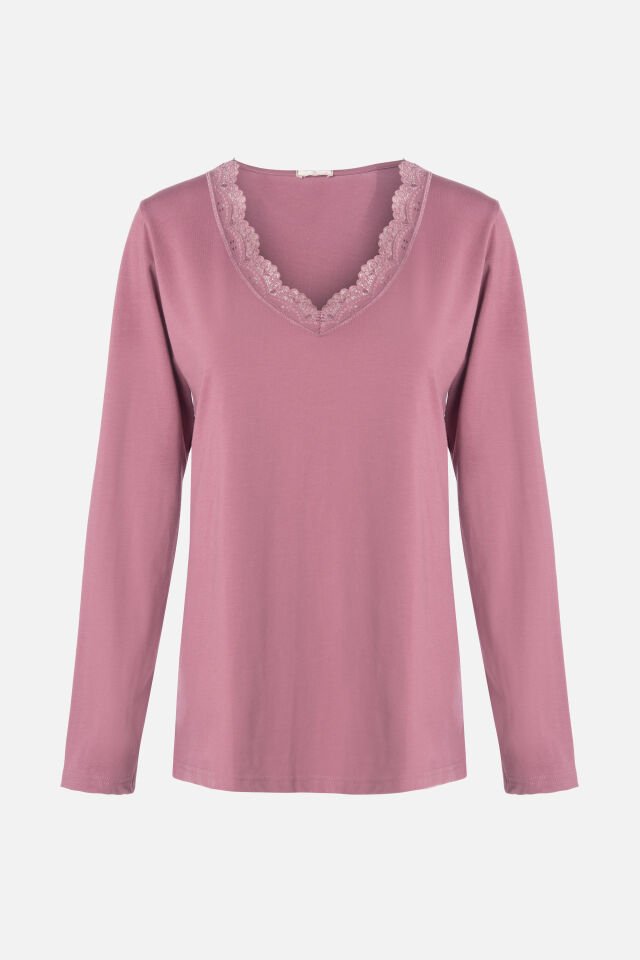 Kadın V Yaka ve Paça Dantel Detaylı Uzun Kollu Pijama Takımı 2XL - Çok Renkli