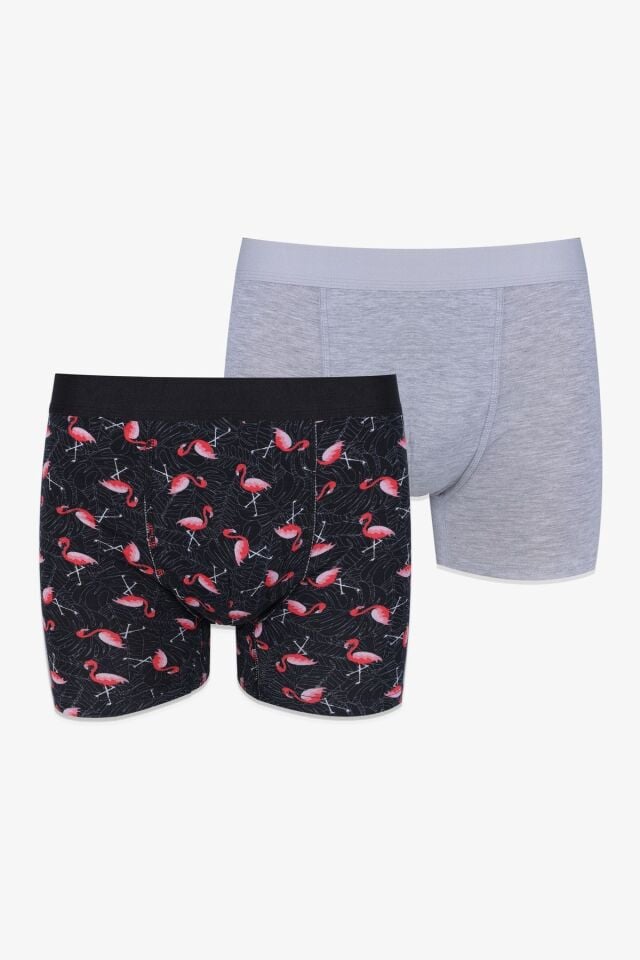 Erkek 2'li Pamuklu Likralı Boxer KO9004BX-3 Flamingo Desen ve Gri Melanj - XL
