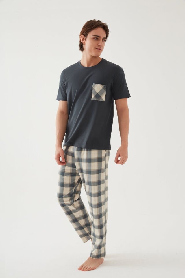 Erkek Pamuklu Üst Füme Göğüs Cepli Kısa Kollu Pijama Takımı L - Yeşil - Füme