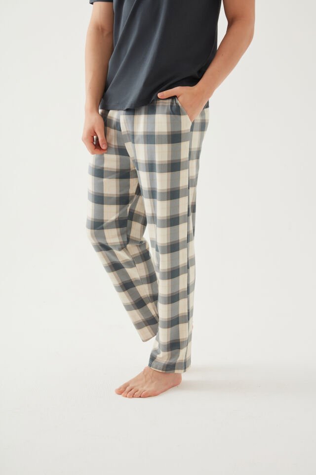 Erkek Pamuklu Üst Füme Göğüs Cepli Kısa Kollu Pijama Takımı L - Yeşil - Füme