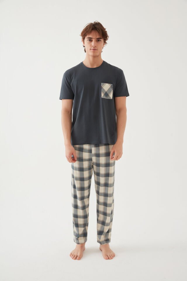 Erkek Pamuklu Üst Füme Göğüs Cepli Kısa Kollu Pijama Takımı XL - Yeşil - Füme