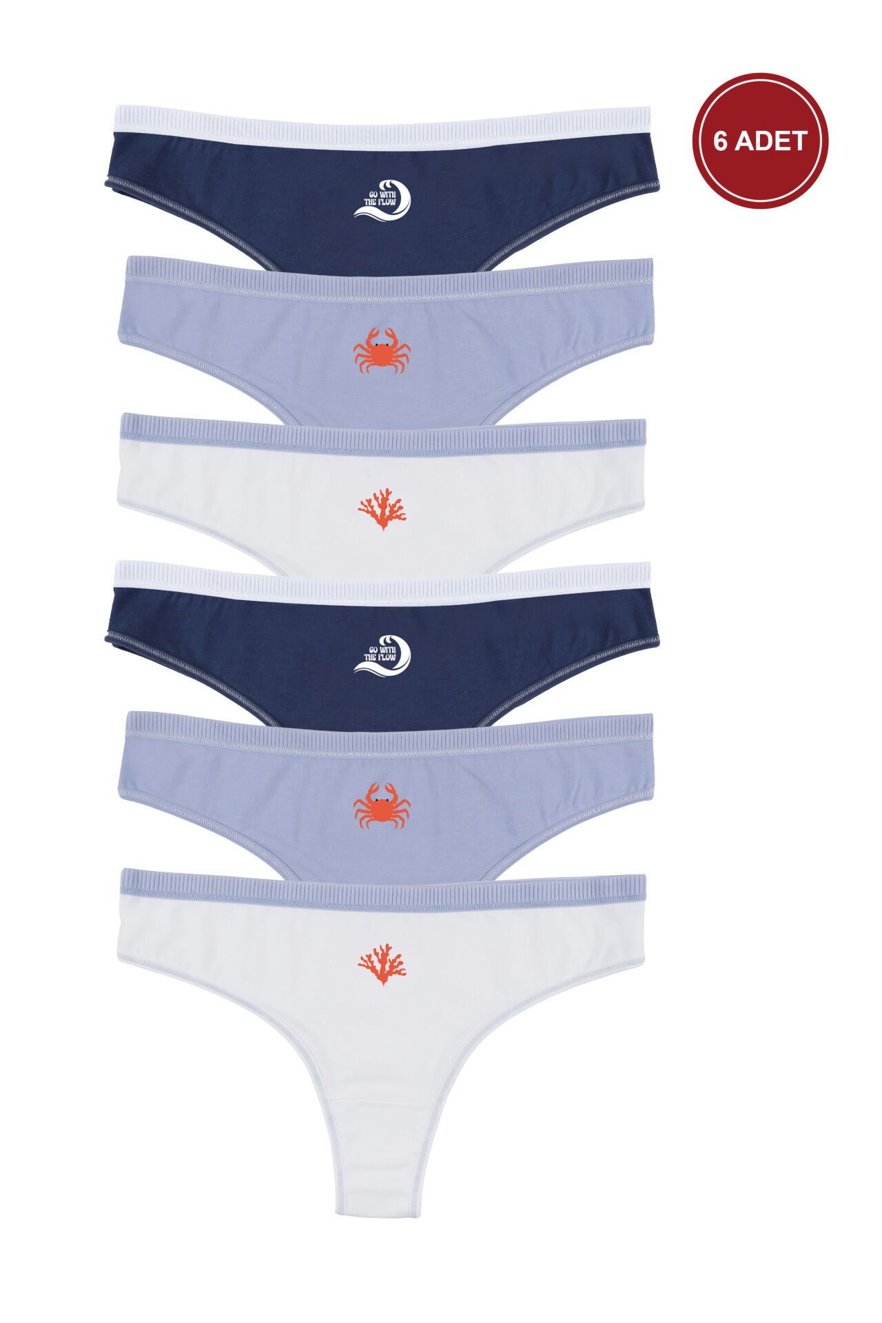 Kadın 6'lı Pamuklu Likralı Dikiş Detaylı Baskılı Brazilian Lacivert - Ekru - L