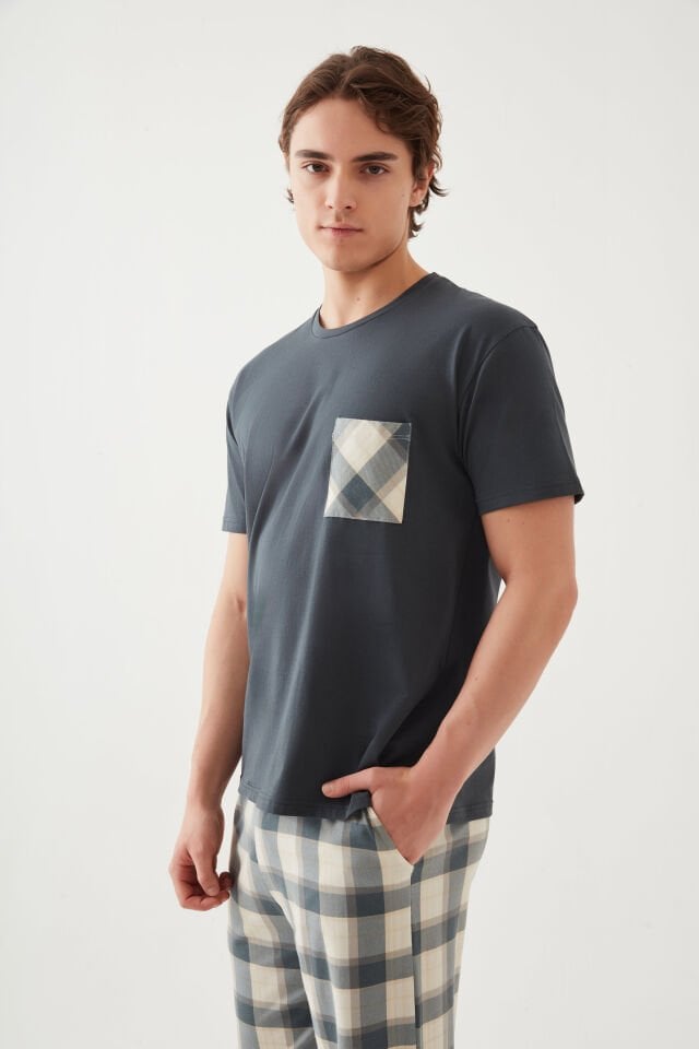 Erkek Pamuklu Üst Füme Göğüs Cepli Kısa Kollu Pijama Takımı 2XL - Yeşil - Füme