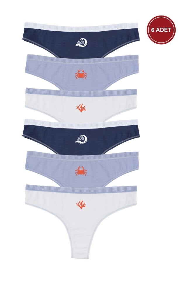 Kadın 6'lı Pamuklu Likralı Dikiş Detaylı Baskılı Brazilian Lacivert - Ekru - XL