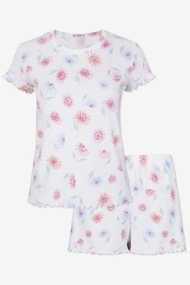 Kadın Pamuklu Baby Overloklu Çiçek Desenli Şortlu Pijama Takımı