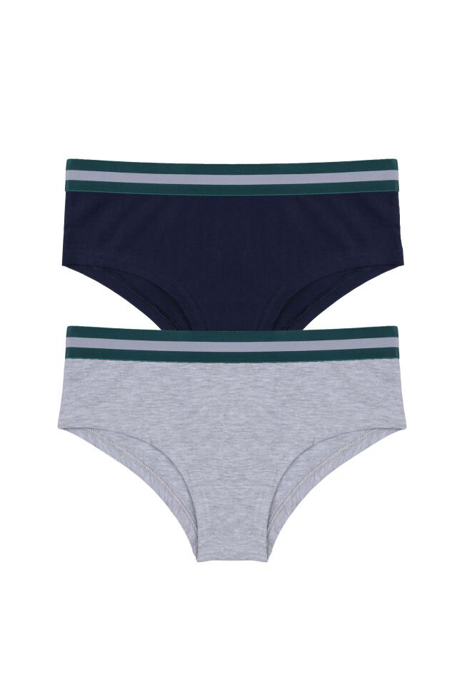 Kadın Pamuklu Çizgili Lastikli 2'li Hipster Külot Lacivert - Gri - XL