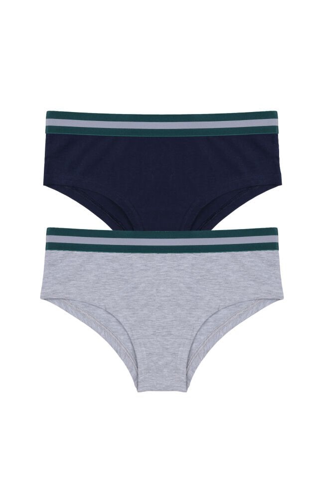 Kadın Pamuklu Çizgili Lastikli 2'li Hipster Külot Lacivert - Gri - XL