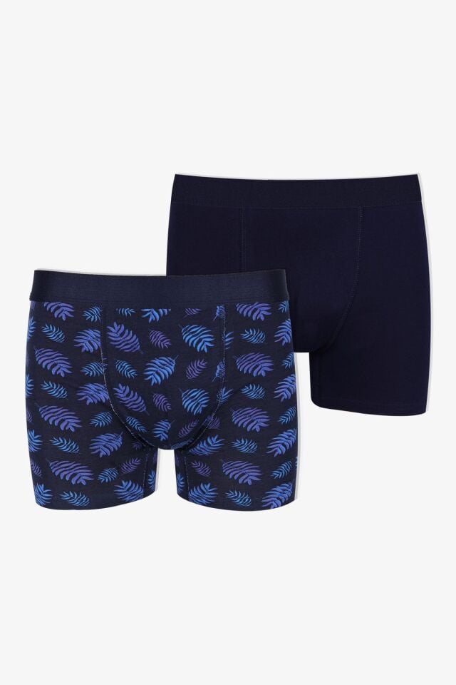 Erkek 2'li Pamuklu Likralı Boxer KO9004BX-4 Palmiye Desen ve Lacivert - 2XL
