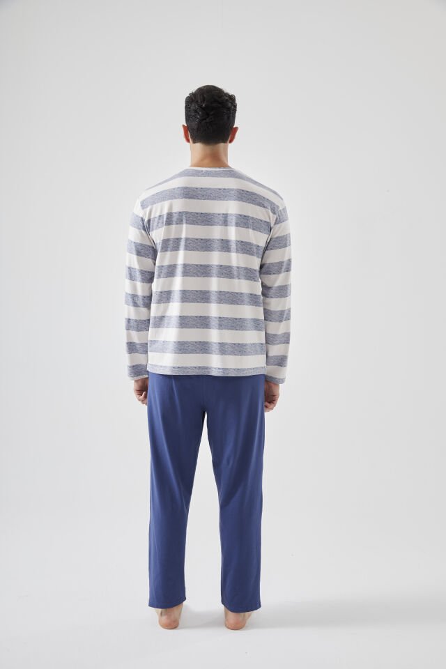 Erkek Pamuklu Uzun Kollu Üst Ayıcık Baskılı Pijama Takımı Lacivert - Ekru - S