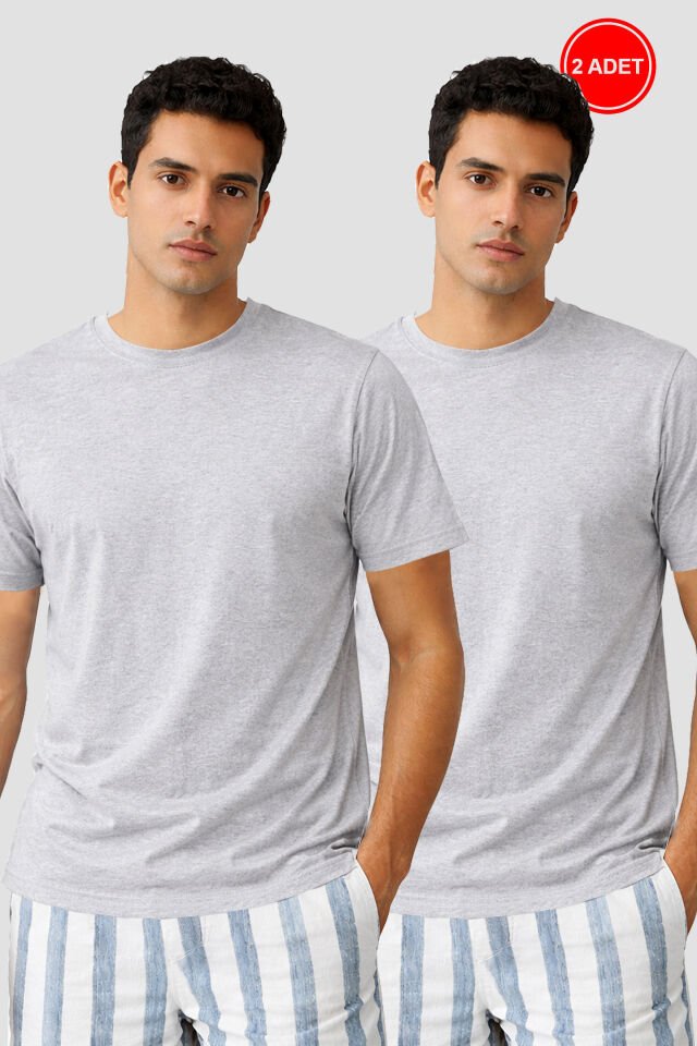 Erkek 2'li Basic Likralı T-Shirt Gri Melanj - S - Gri Melanj - S