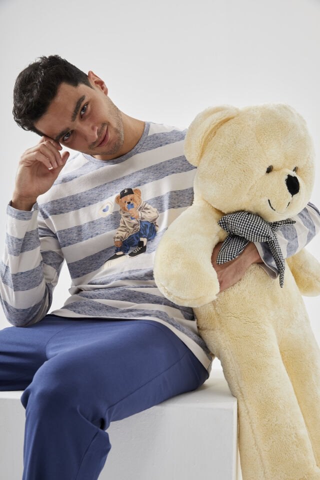 Erkek Pamuklu Uzun Kollu Üst Ayıcık Baskılı Pijama Takımı Lacivert - Ekru - XL