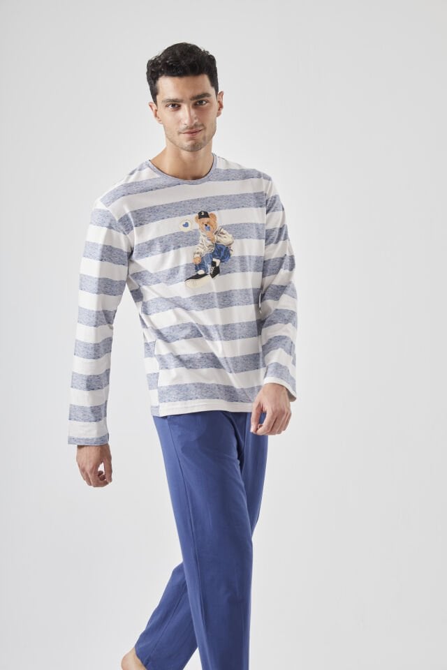 Erkek Pamuklu Uzun Kollu Üst Ayıcık Baskılı Pijama Takımı Lacivert - Ekru - XL
