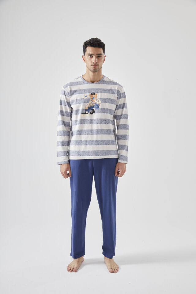 Erkek Pamuklu Uzun Kollu Üst Ayıcık Baskılı Pijama Takımı Lacivert - Ekru - XL