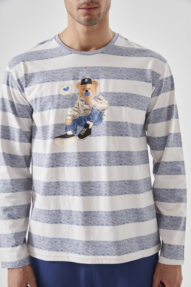 Erkek Pamuklu Uzun Kollu Üst Ayıcık Baskılı Pijama Takımı Lacivert - Ekru - XL