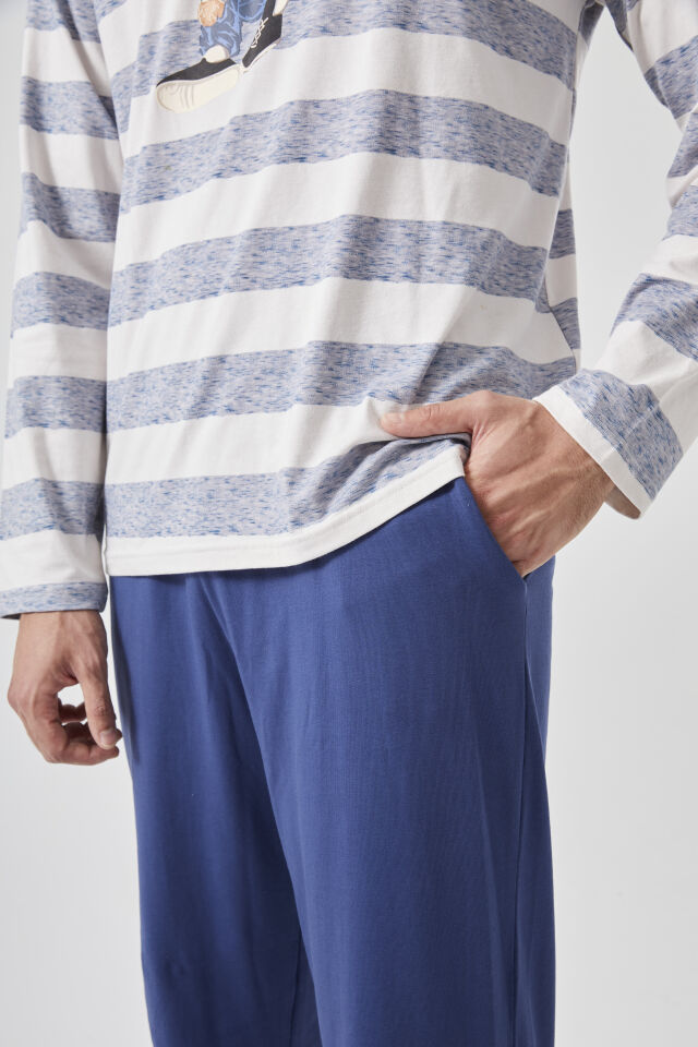 Erkek Pamuklu Uzun Kollu Üst Ayıcık Baskılı Pijama Takımı Lacivert - Ekru - 2XL
