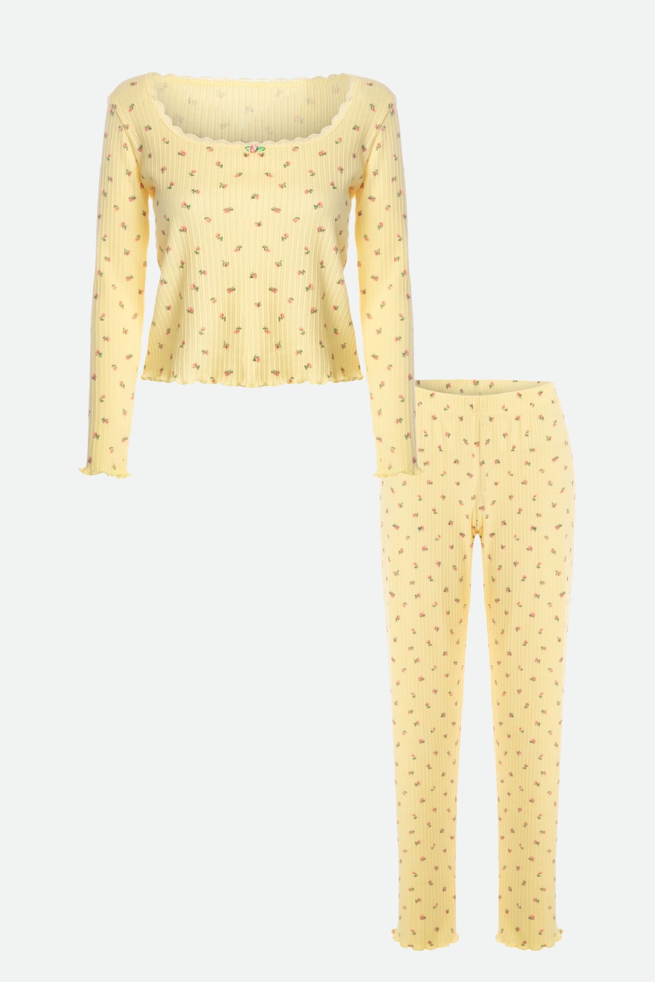 Kadın Kare Dantel Yaka Baby Overloklu Fiyonk Detaylı Pijama Takımı S