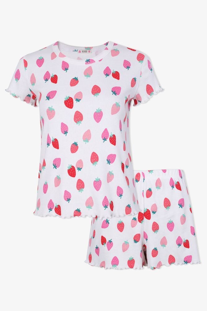 Kadın Pamuklu Kısa Kollu Baby Overloklu Çilek Desenli Şortlu Pijama Takımı