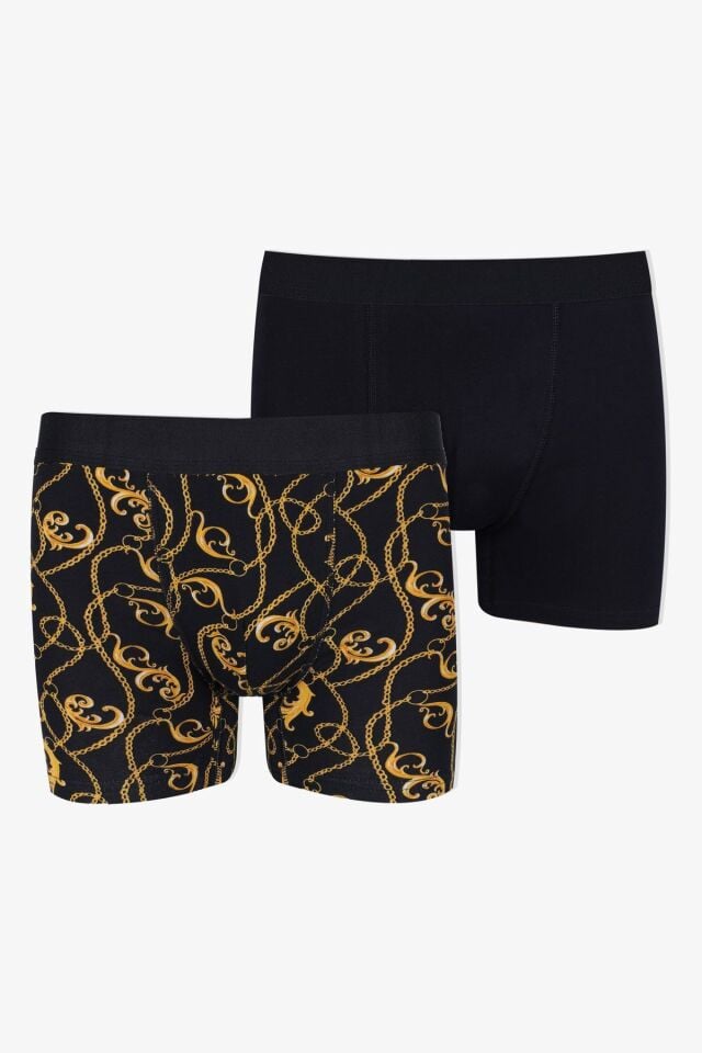 Erkek 2'li Pamuklu Likralı Boxer KO9004BX-5 Zincir Desen ve Siyah - L