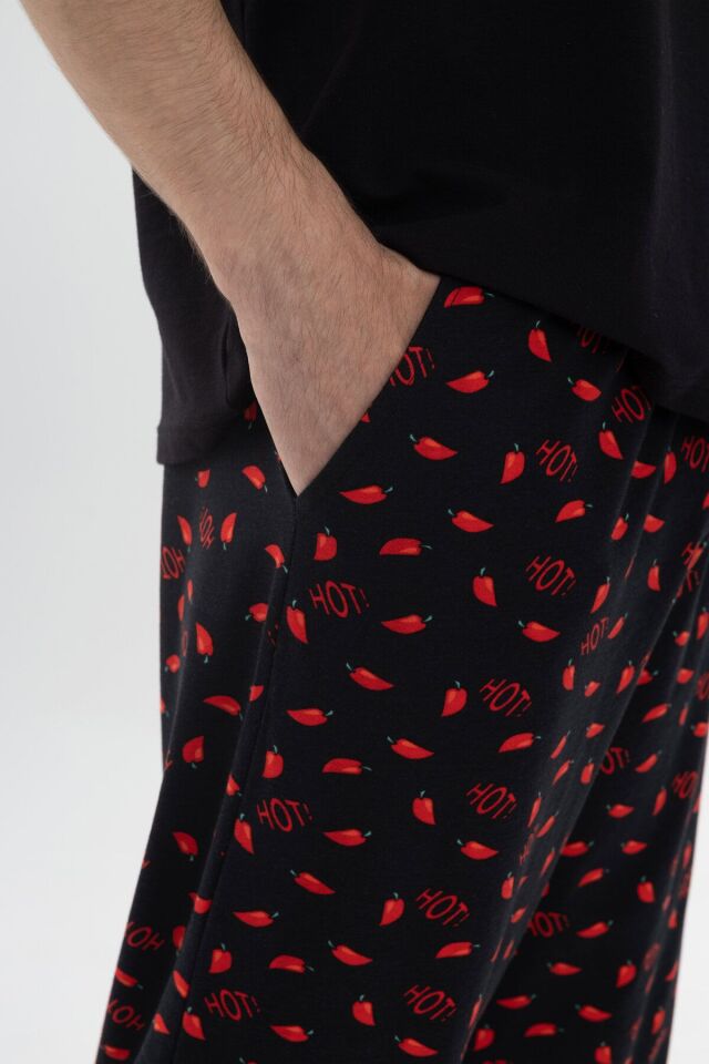 Erkek Pamuklu Kısa Kollu Chilli Baskılı Cep Detaylı Pijama Takımı Kırmızı - Siyah - S