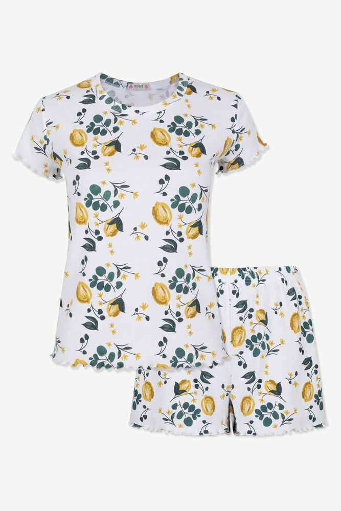 Kadın Pamuklu Baby Overloklu Limon Desenli Şortlu Pijama Takımı