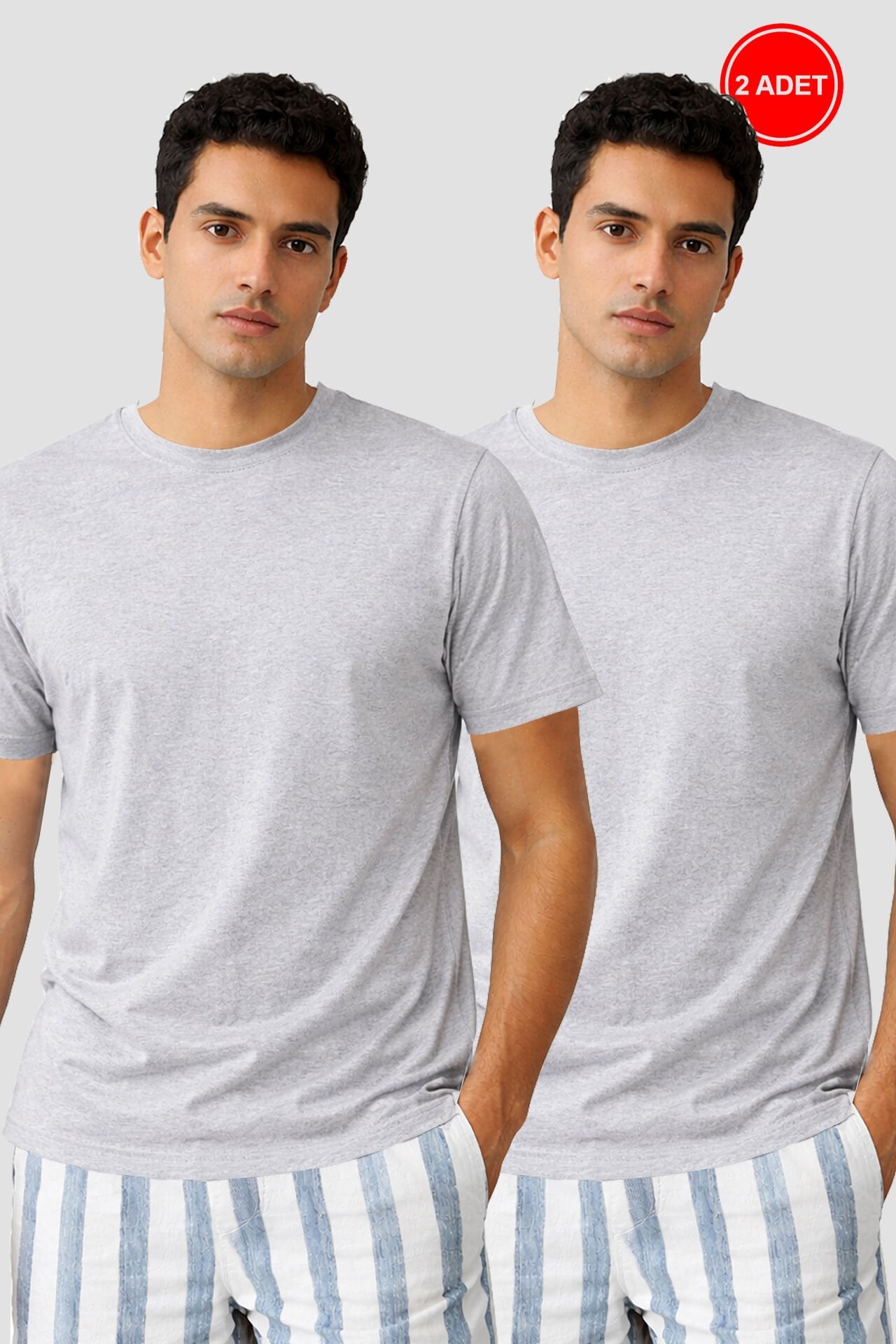 Erkek 2'li Basic Likralı T-Shirt Gri Melanj - 3XL - Gri Melanj - 3XL