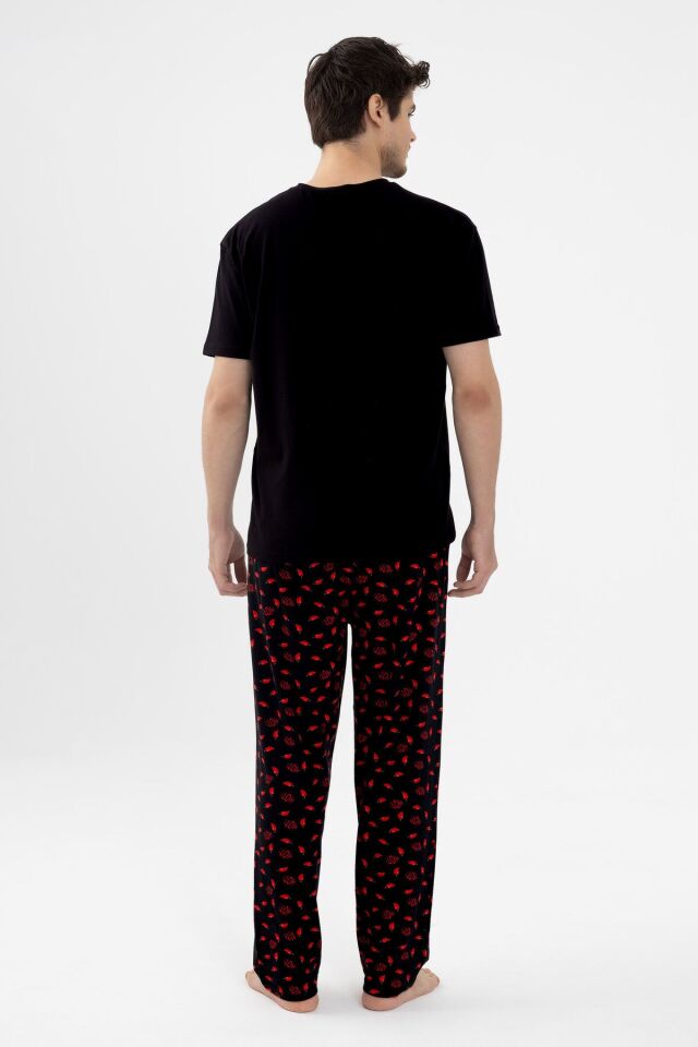Erkek Pamuklu Kısa Kollu Chilli Baskılı Cep Detaylı Pijama Takımı Kırmızı - Siyah - XL