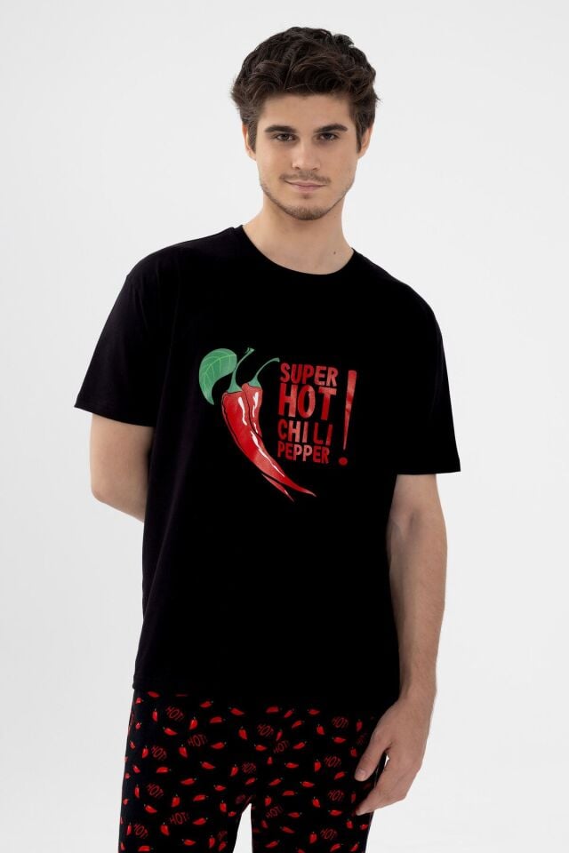 Erkek Pamuklu Kısa Kollu Chilli Baskılı Cep Detaylı Pijama Takımı Kırmızı - Siyah - M