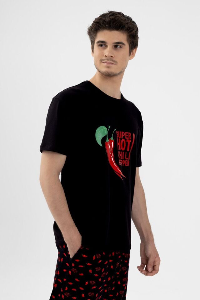 Erkek Pamuklu Kısa Kollu Chilli Baskılı Cep Detaylı Pijama Takımı Kırmızı - Siyah - M