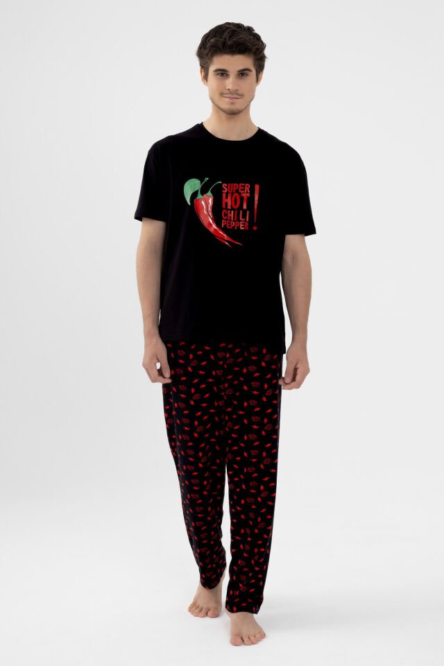Erkek Pamuklu Kısa Kollu Chilli Baskılı Cep Detaylı Pijama Takımı Kırmızı - Siyah - M