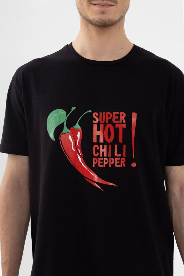 Erkek Pamuklu Kısa Kollu Chilli Baskılı Cep Detaylı Pijama Takımı Kırmızı - Siyah - M