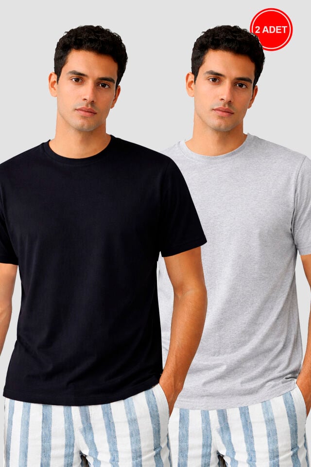 Erkek 2'li Basic Likralı T-Shirt Siyahgrimelanj - M - Siyahgrimelanj - M