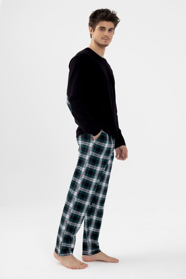 Erkek Pamuklu Uzun Kollu Yamalı Ekose Desenli Pijama Takımı Yeşil Ekose - S