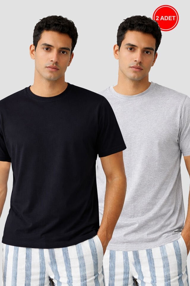 Erkek 2'li Basic Likralı T-Shirt Siyahgrimelanj - 2XL - Siyahgrimelanj - 2XL