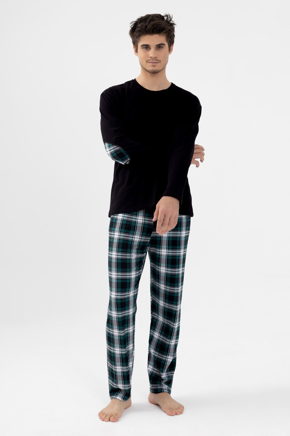 Erkek Pamuklu Uzun Kollu Yamalı Ekose Desenli Pijama Takımı Yeşil Ekose - L