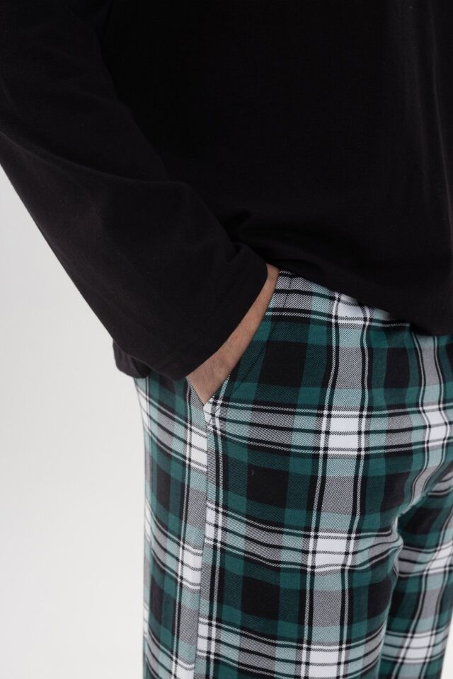 Erkek Pamuklu Uzun Kollu Yamalı Ekose Desenli Pijama Takımı Yeşil Ekose - L