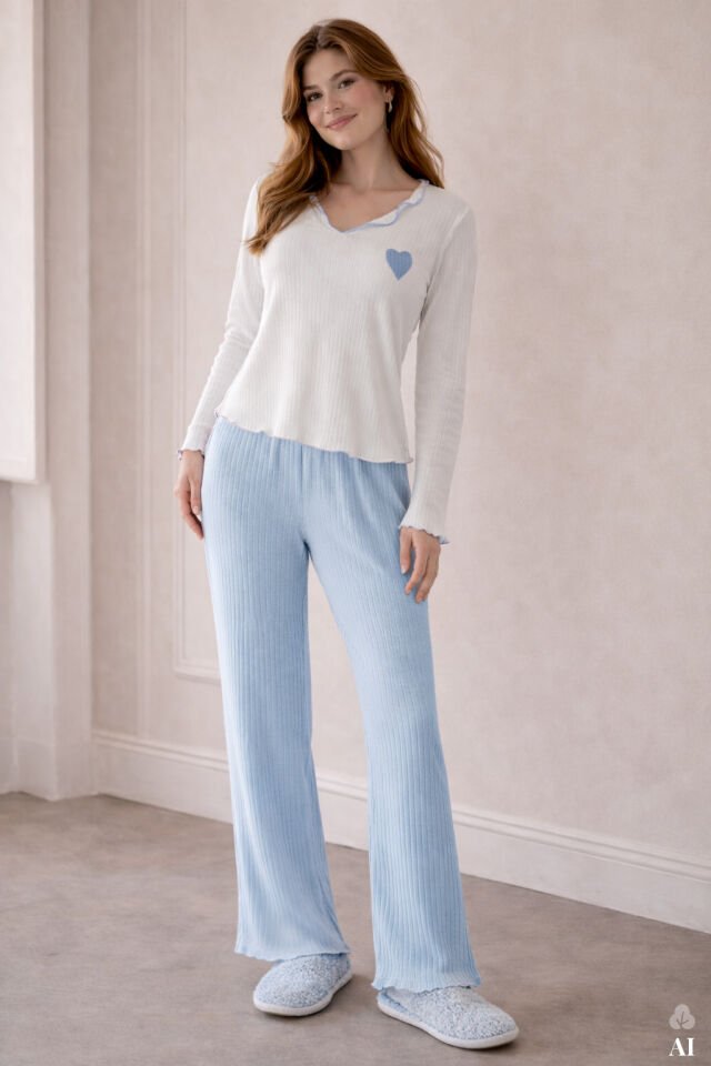 Kadın Soft Touch Fitilli Uzun Kollu Pijama Takımı Ekru  -  Mavi - L