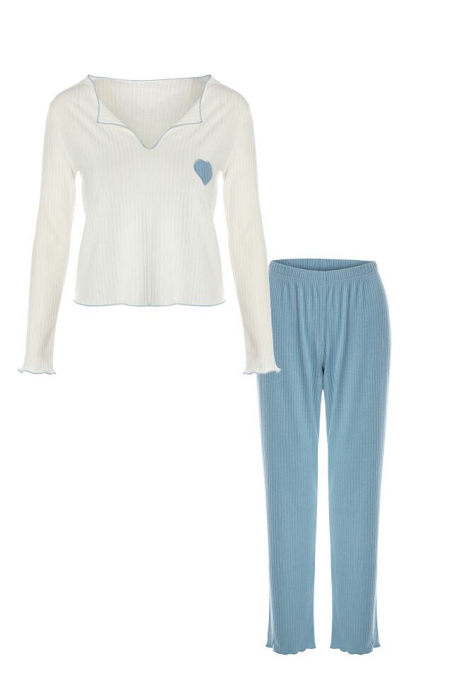 Kadın Soft Touch Fitilli Uzun Kollu Pijama Takımı Ekru  -  Mavi - L