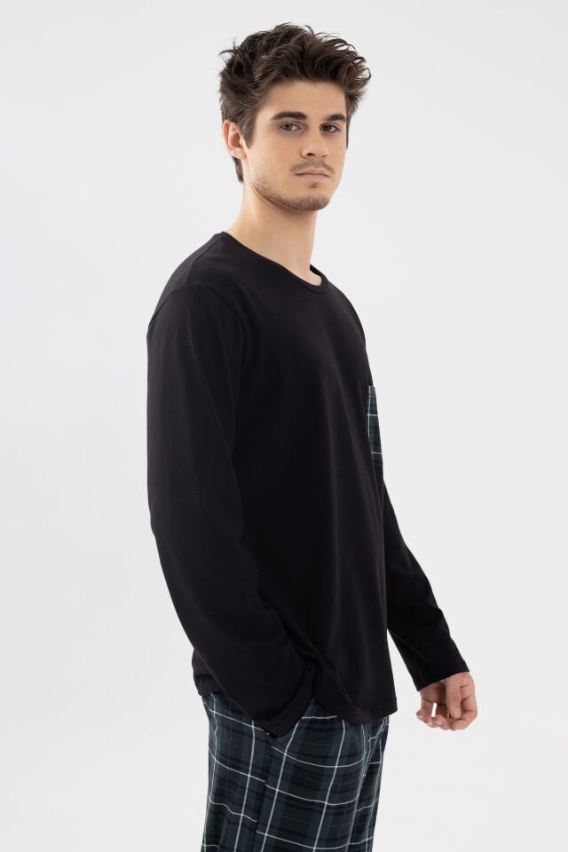 Erkek Pamuklu Uzun Kollu Göğüs Cep Detaylı Ekose Desenli Cep Detaylı Pijama Takımı S - Siyah - Yeşil