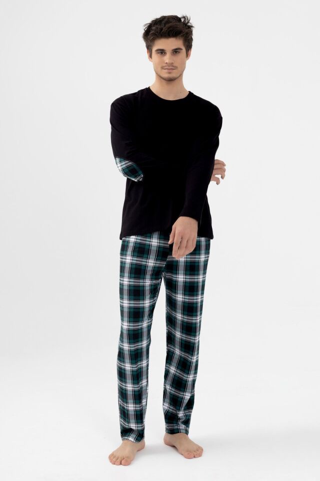 Erkek Pamuklu Uzun Kollu Yamalı Ekose Desenli Pijama Takımı Yeşil Ekose - 2XL
