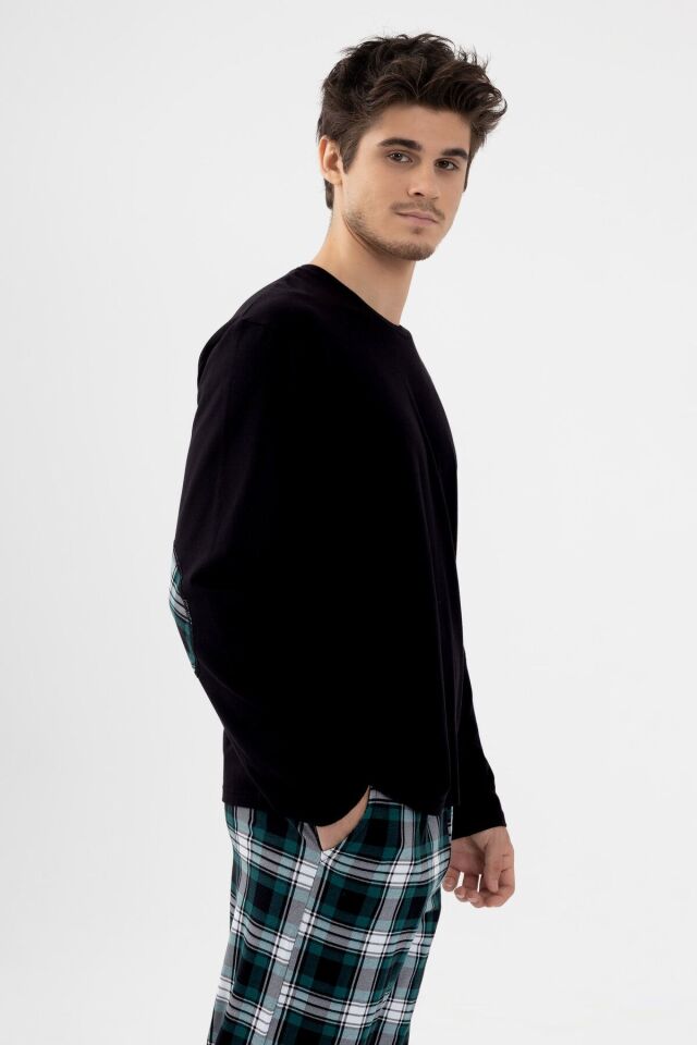 Erkek Pamuklu Uzun Kollu Yamalı Ekose Desenli Pijama Takımı Yeşil Ekose - 2XL