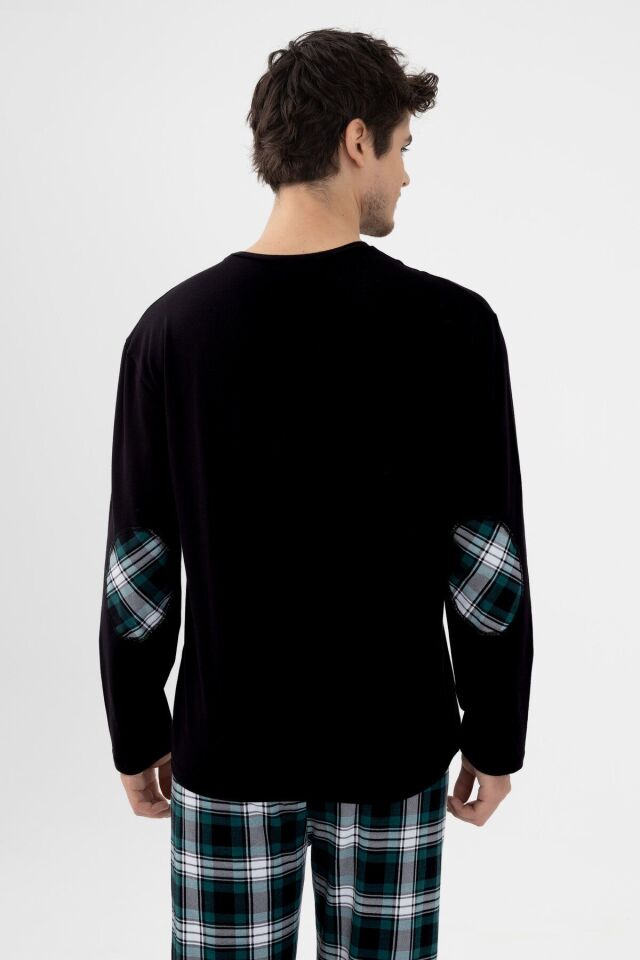 Erkek Pamuklu Uzun Kollu Yamalı Ekose Desenli Pijama Takımı Yeşil Ekose - 2XL