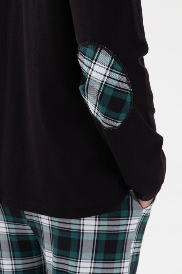 Erkek Pamuklu Uzun Kollu Yamalı Ekose Desenli Pijama Takımı Yeşil Ekose - 2XL