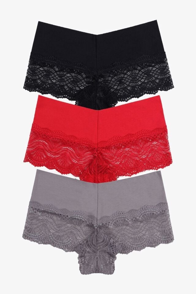 Kadın 3'lü Dantelli Boxer-külot Siyahkırmızıvizon - M - Siyahkırmızıvizon - M