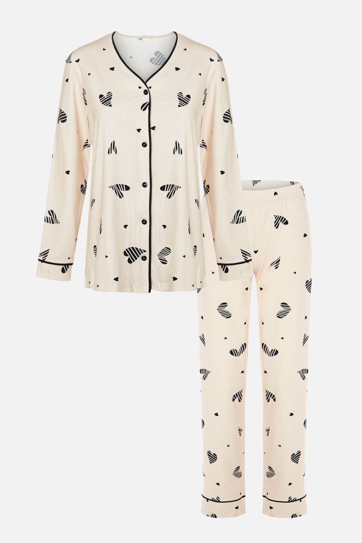 Kadın Kalp Desenli Pervazlı Ara Biyeli Düğmeli Pijama Takımı KO70128 Kalp Desen - L - KO70128 Kalp Desen - L