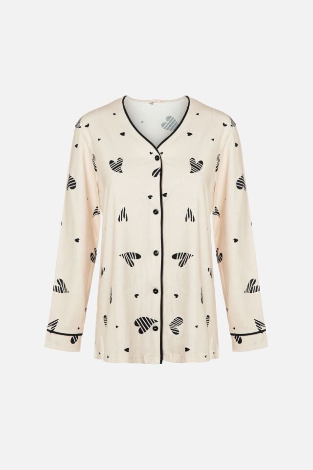 Kadın Kalp Desenli Pervazlı Ara Biyeli Düğmeli Pijama Takımı KO70128 Kalp Desen - L - KO70128 Kalp Desen - L