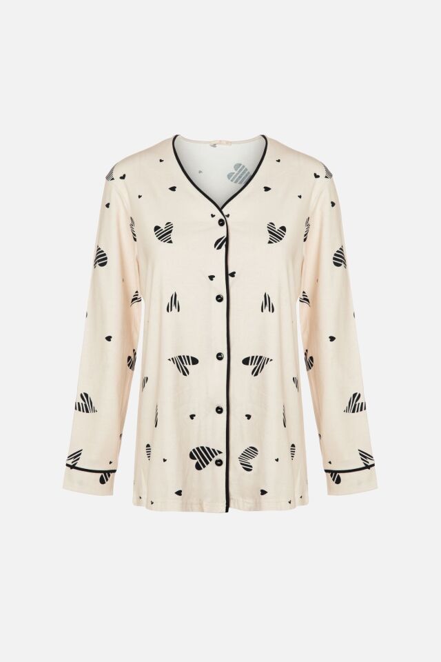 Kadın Kalp Desenli Pervazlı Ara Biyeli Düğmeli Pijama Takımı KO70128 Kalp Desen - L - KO70128 Kalp Desen - L