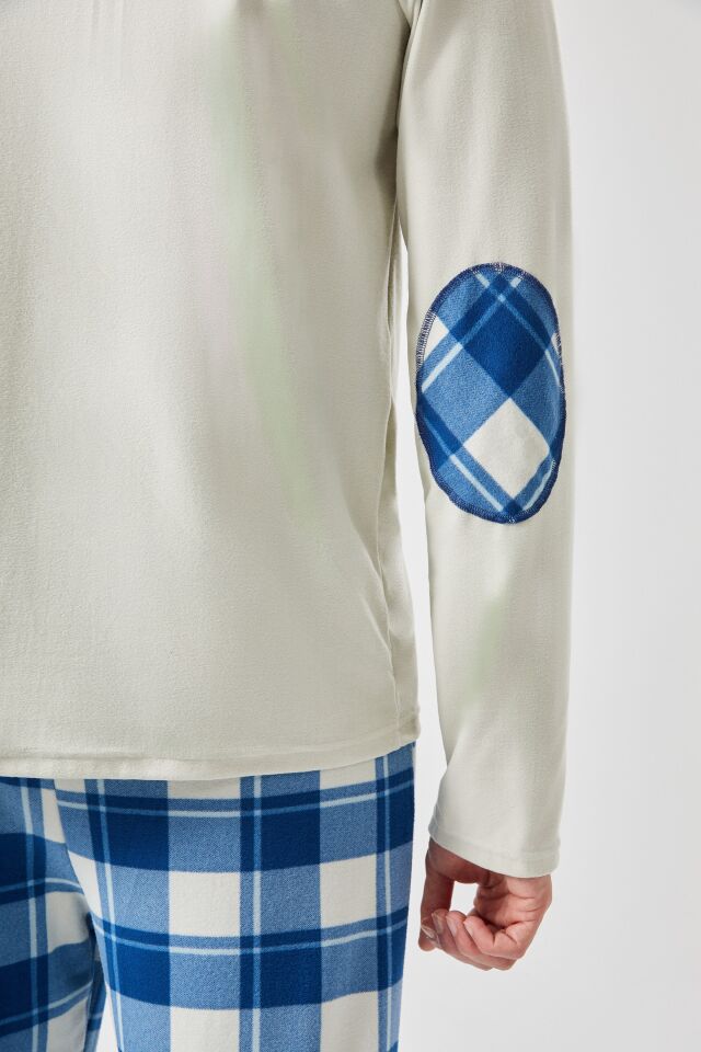 Erkek Pamuklu Uzun Kollu Yamalı Ekose Desenli Pijama Takımı Mavi - Ekru - S