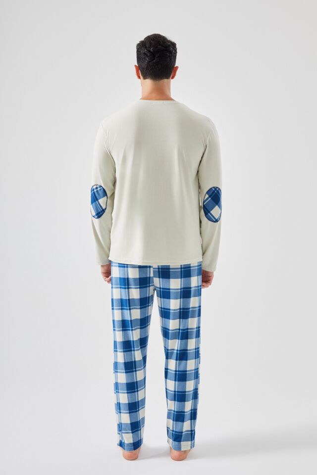 Erkek Pamuklu Uzun Kollu Yamalı Ekose Desenli Pijama Takımı Mavi - Ekru - S