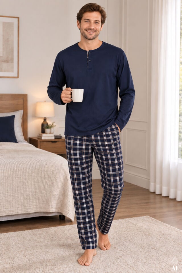Erkek Pamuklu Uzun Kollu Önü Patlı Ekose Desenli Pijama Takımı Lacivert - Kahverengi - 2XL