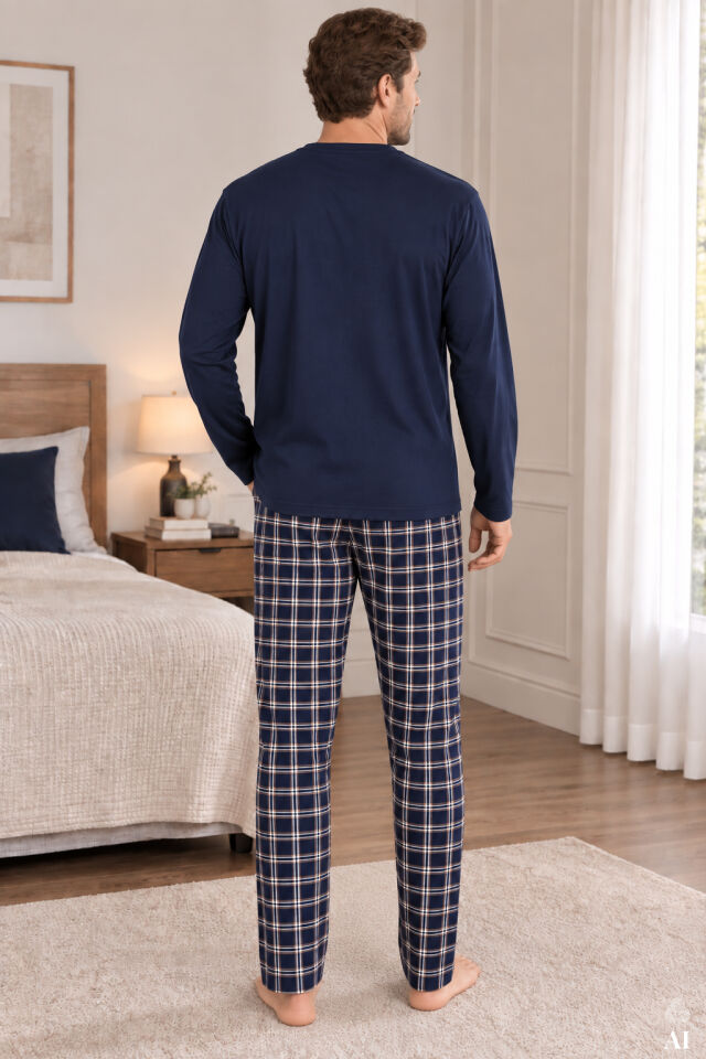 Erkek Pamuklu Uzun Kollu Önü Patlı Ekose Desenli Pijama Takımı Lacivert - Kahverengi - 2XL